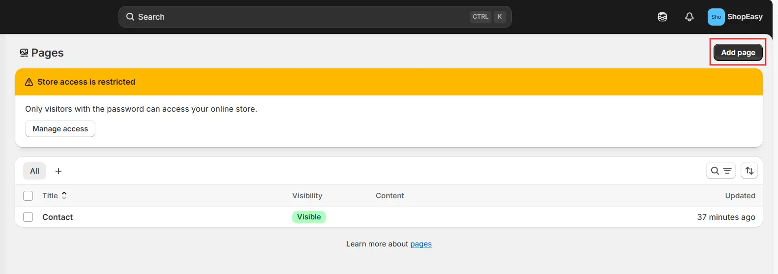 Add a new page Click the Add page button to start creating your subpage