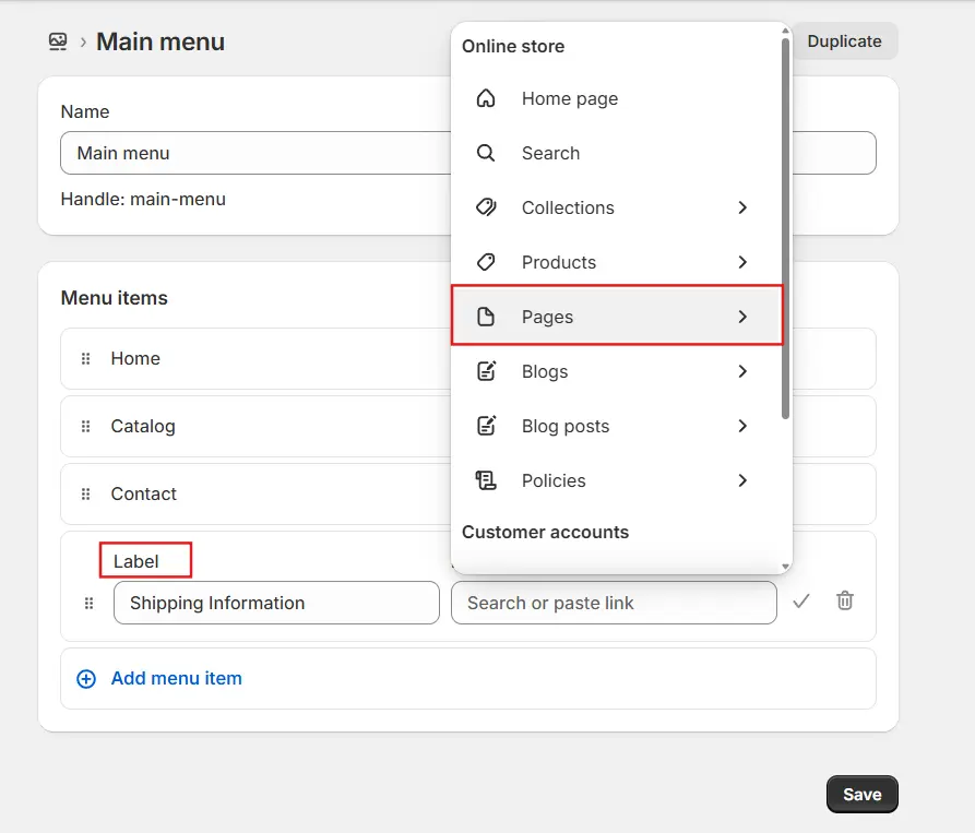 Enter a name for the menu item In the Link field choose Pages and select your newly created page