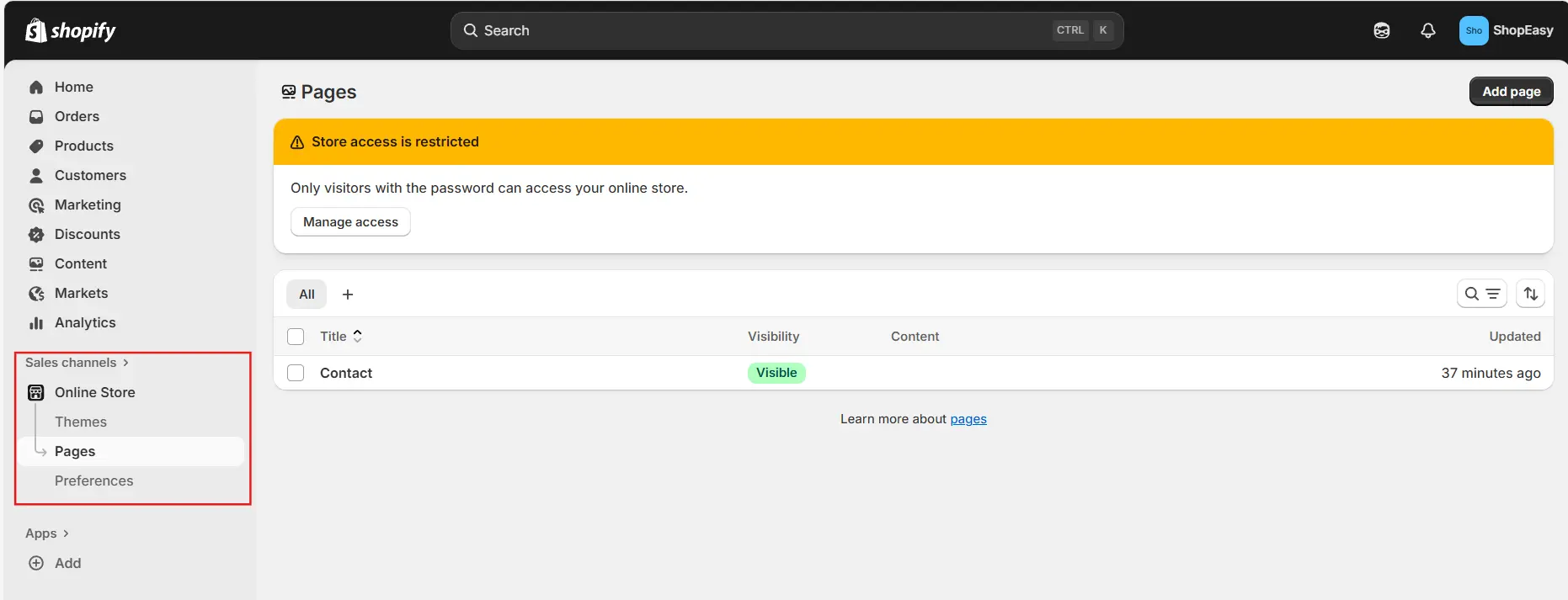 How to make sub pages in Shopify go to sales channel and then click on pages
