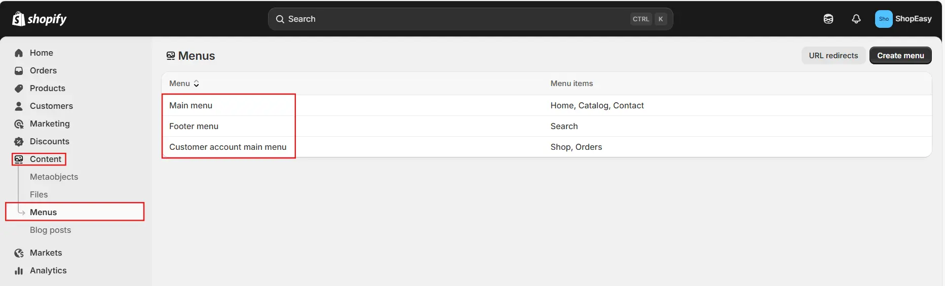 Select the relevant menu Go to Content Menus in your admin